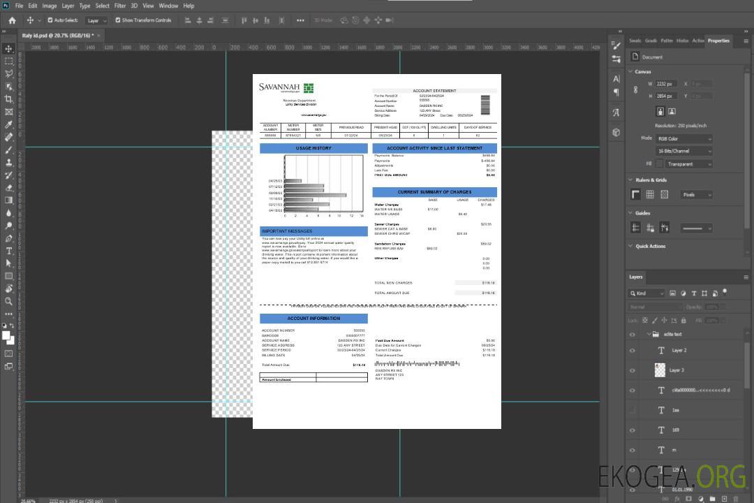 Modèle de facture de services publics des États-Unis, Géorgie, Savannah, aux formats Word et PDF template